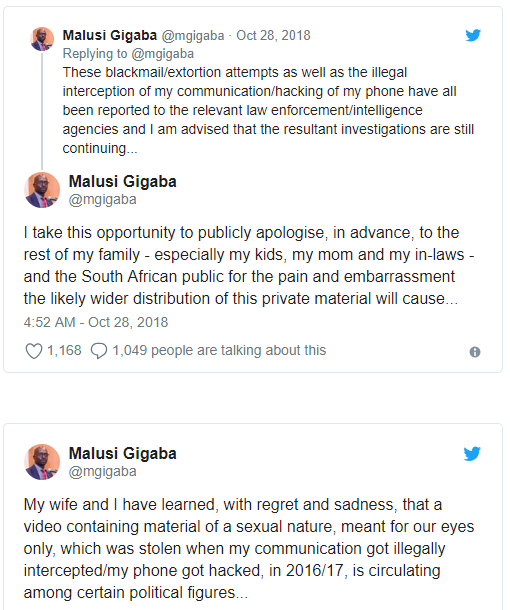 South Africa minister Malusi Gigaba, 'blackmailed' over sex video